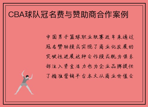 CBA球队冠名费与赞助商合作案例