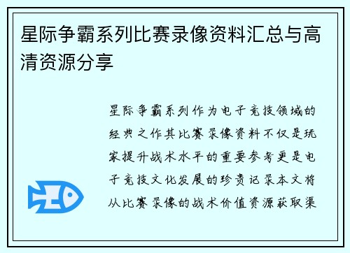 星际争霸系列比赛录像资料汇总与高清资源分享